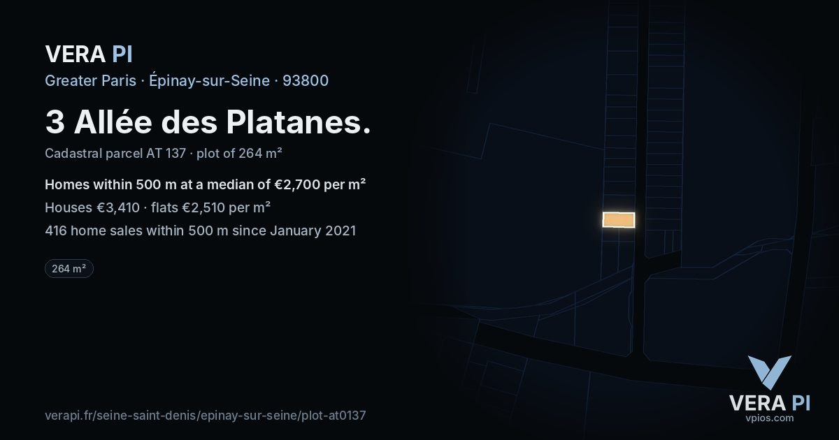 3 Allée des Platanes, Épinay-sur-Seine at night – the plot lit, the parcels around coloured by the prices near them