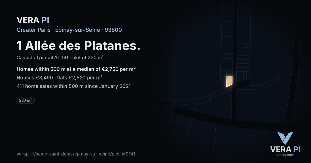 1 Allée des Platanes, Épinay-sur-Seine at night – the plot lit, the parcels around coloured by the prices near them