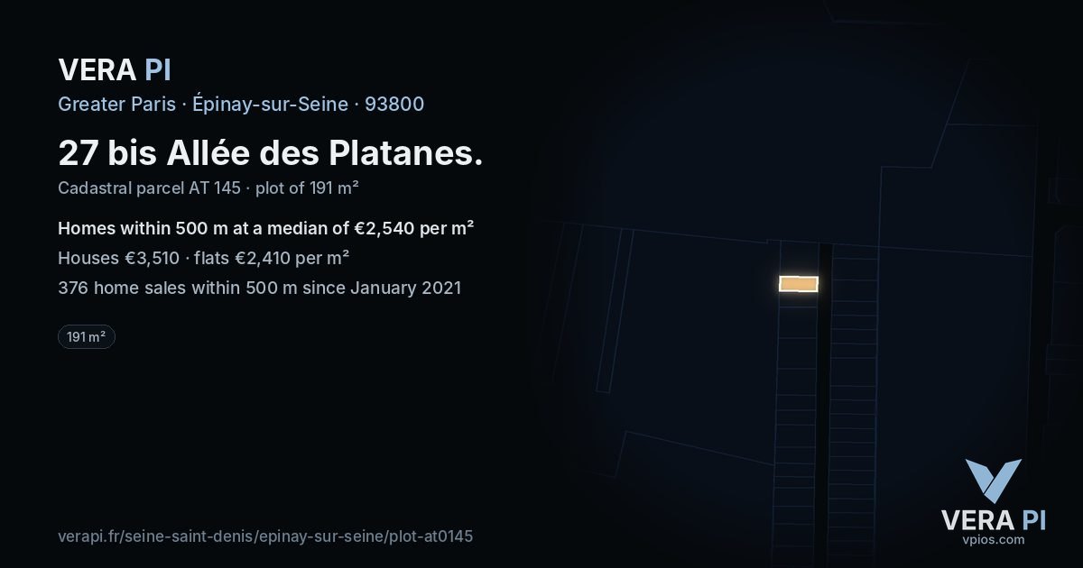 27 bis Allée des Platanes, Épinay-sur-Seine at night – the plot lit, the parcels around coloured by the prices near them