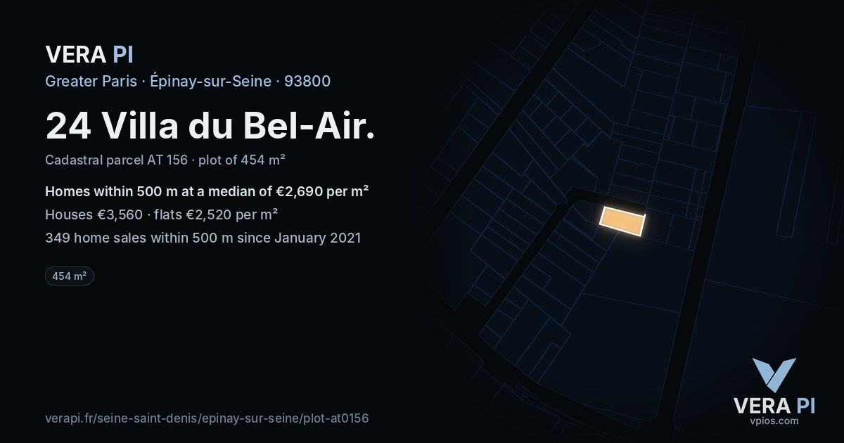 24 Villa du Bel-Air, Épinay-sur-Seine at night – the plot lit, the parcels around coloured by the prices near them