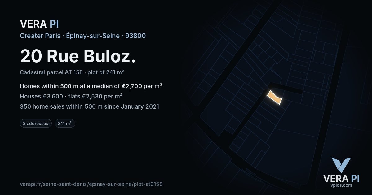 20 Rue Buloz, Épinay-sur-Seine at night – the plot lit, the parcels around coloured by the prices near them