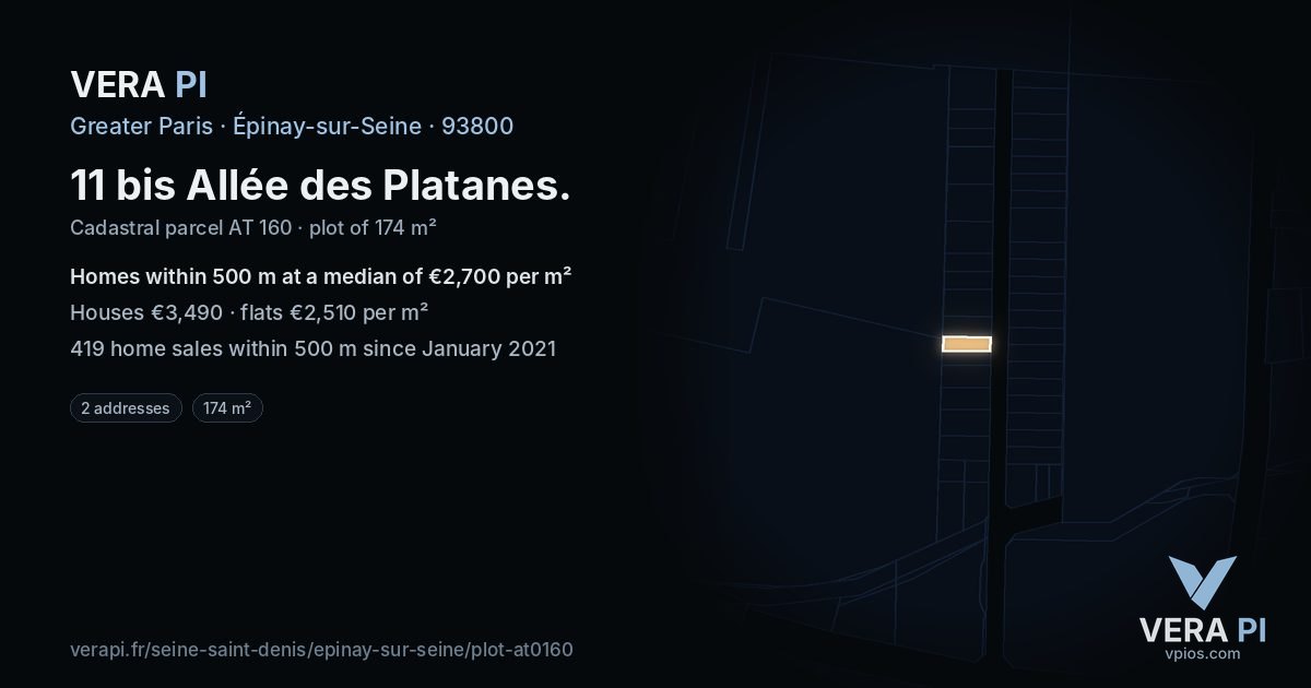 11 bis Allée des Platanes, Épinay-sur-Seine at night – the plot lit, the parcels around coloured by the prices near them