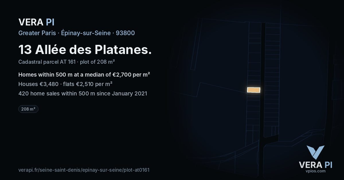13 Allée des Platanes, Épinay-sur-Seine at night – the plot lit, the parcels around coloured by the prices near them
