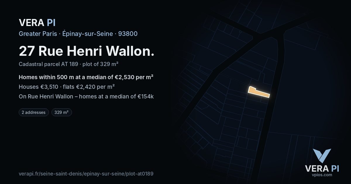 27 Rue Henri Wallon, Épinay-sur-Seine at night – the plot lit, the parcels around coloured by the prices near them