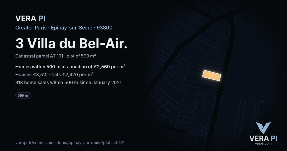 3 Villa du Bel-Air, Épinay-sur-Seine at night – the plot lit, the parcels around coloured by the prices near them