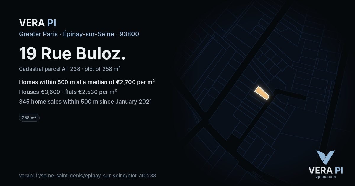 19 Rue Buloz, Épinay-sur-Seine at night – the plot lit, the parcels around coloured by the prices near them
