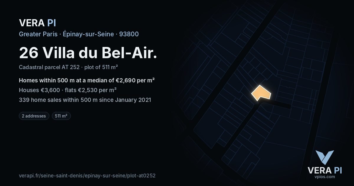 26 Villa du Bel-Air, Épinay-sur-Seine at night – the plot lit, the parcels around coloured by the prices near them