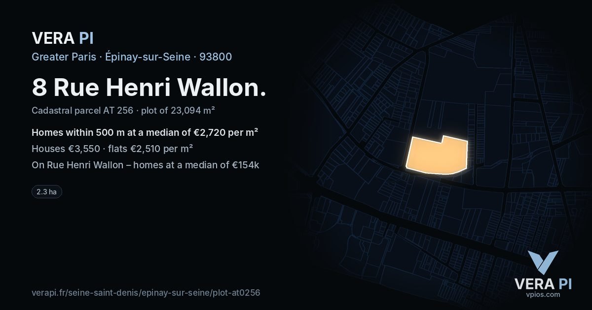 8 Rue Henri Wallon, Épinay-sur-Seine at night – the plot lit, the parcels around coloured by the prices near them