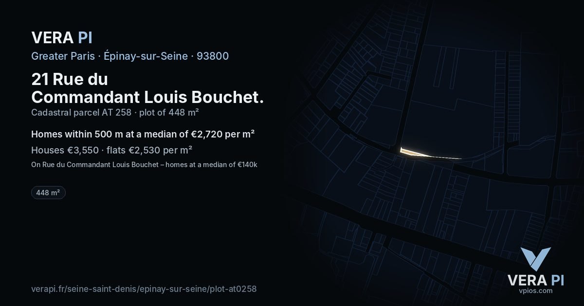 21 Rue du Commandant Louis Bouchet, Épinay-sur-Seine at night – the plot lit, the parcels around coloured by the prices near them