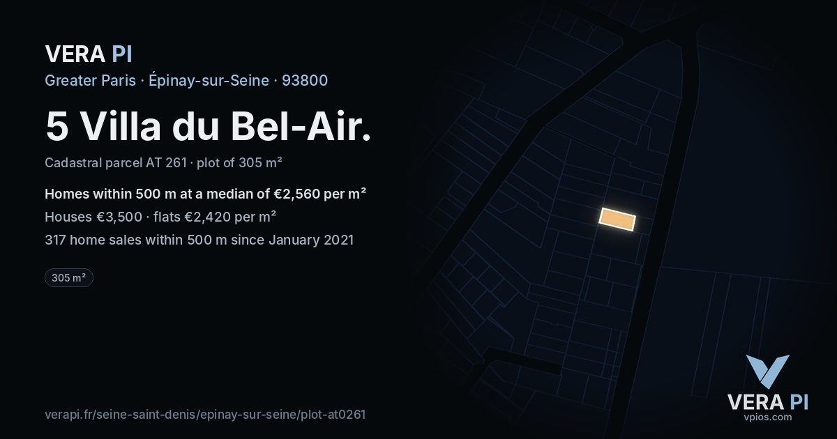 5 Villa du Bel-Air, Épinay-sur-Seine at night – the plot lit, the parcels around coloured by the prices near them