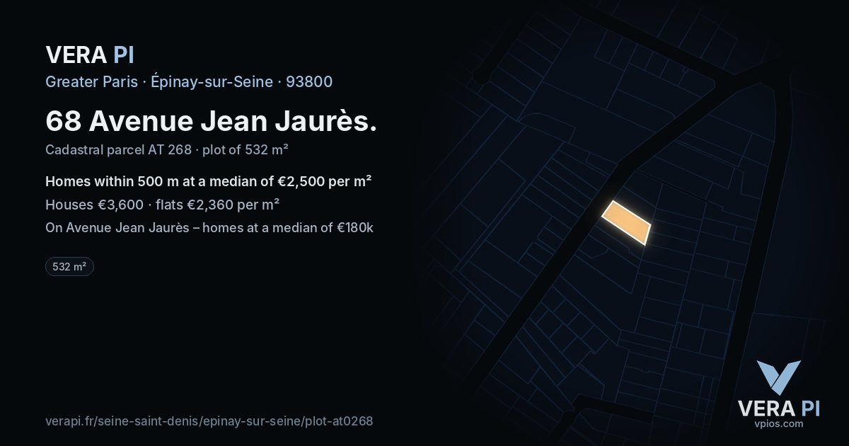 68 Avenue Jean Jaurès, Épinay-sur-Seine at night – the plot lit, the parcels around coloured by the prices near them