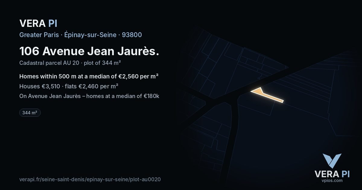 106 Avenue Jean Jaurès, Épinay-sur-Seine at night – the plot lit, the parcels around coloured by the prices near them