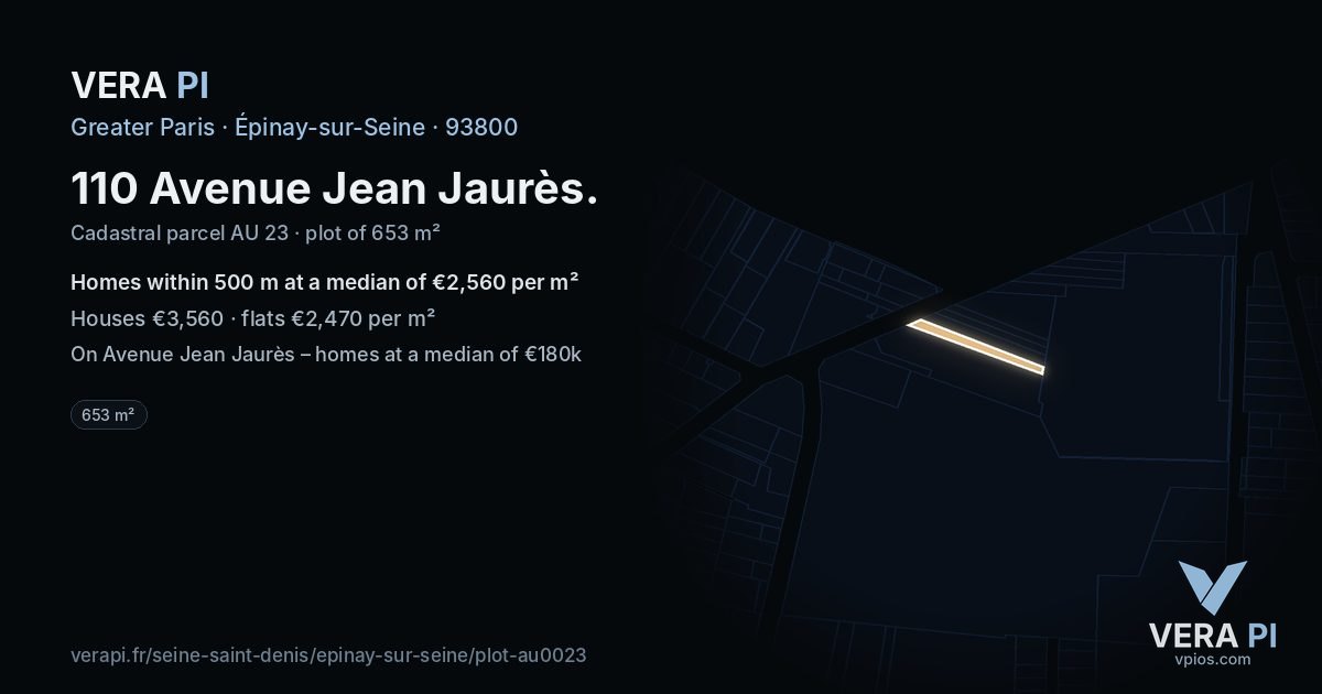 110 Avenue Jean Jaurès, Épinay-sur-Seine at night – the plot lit, the parcels around coloured by the prices near them