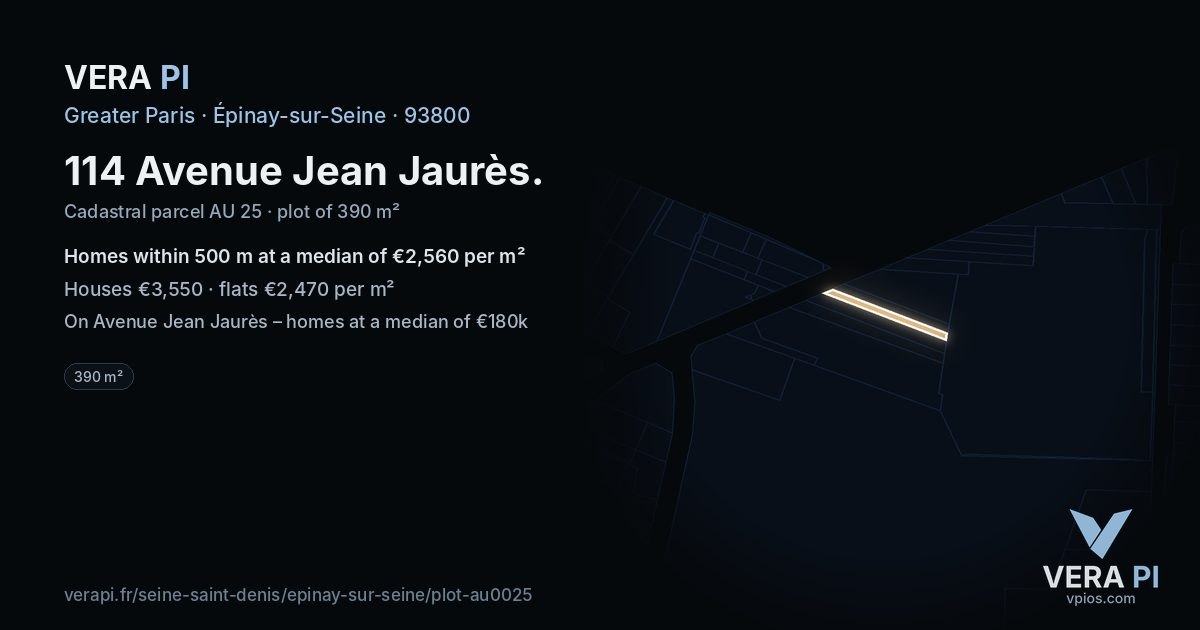 114 Avenue Jean Jaurès, Épinay-sur-Seine at night – the plot lit, the parcels around coloured by the prices near them