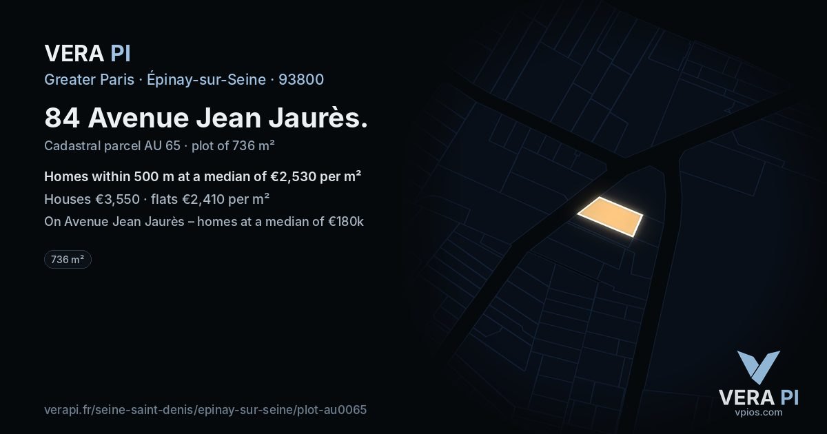 84 Avenue Jean Jaurès, Épinay-sur-Seine at night – the plot lit, the parcels around coloured by the prices near them