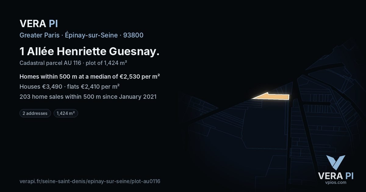 1 Allée Henriette Guesnay, Épinay-sur-Seine at night – the plot lit, the parcels around coloured by the prices near them