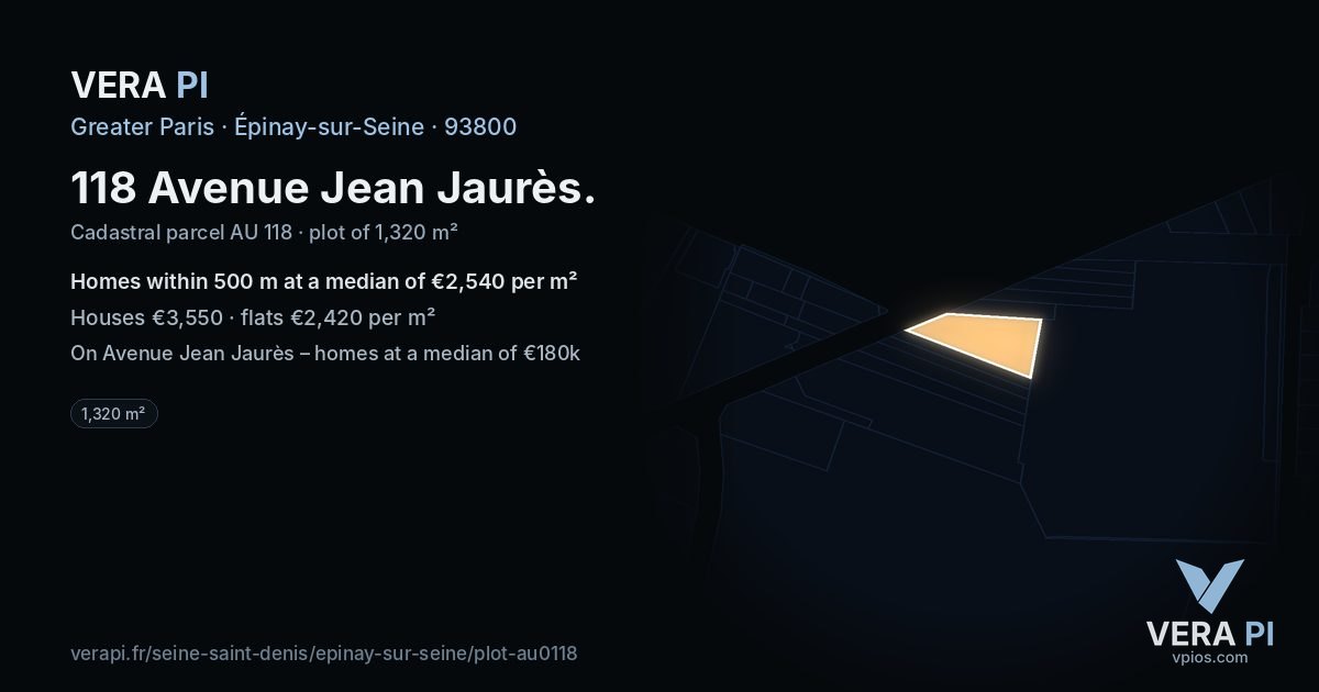 118 Avenue Jean Jaurès, Épinay-sur-Seine at night – the plot lit, the parcels around coloured by the prices near them