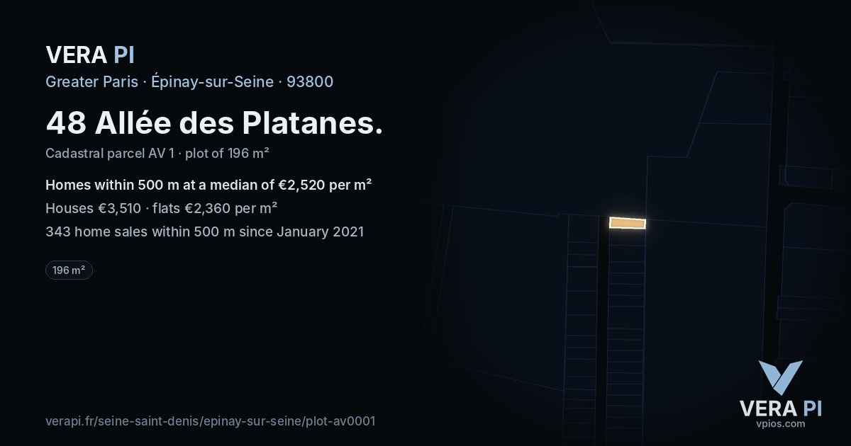 48 Allée des Platanes, Épinay-sur-Seine at night – the plot lit, the parcels around coloured by the prices near them
