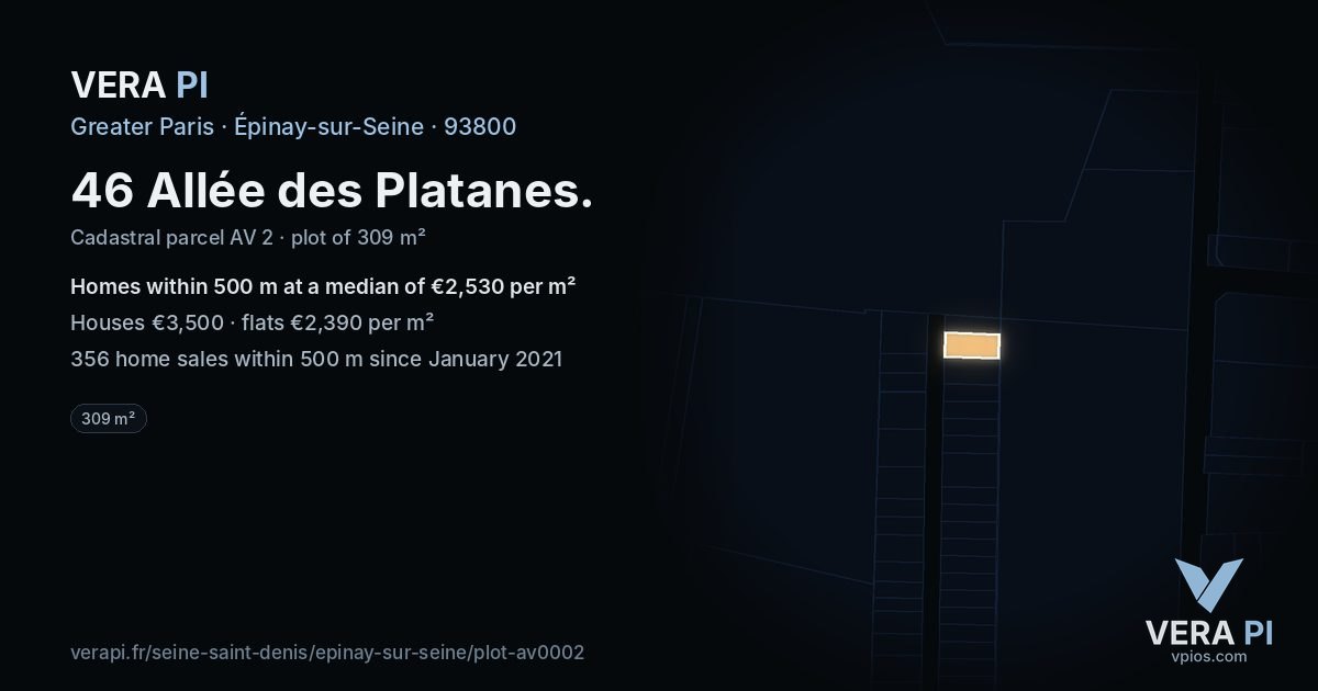 46 Allée des Platanes, Épinay-sur-Seine at night – the plot lit, the parcels around coloured by the prices near them