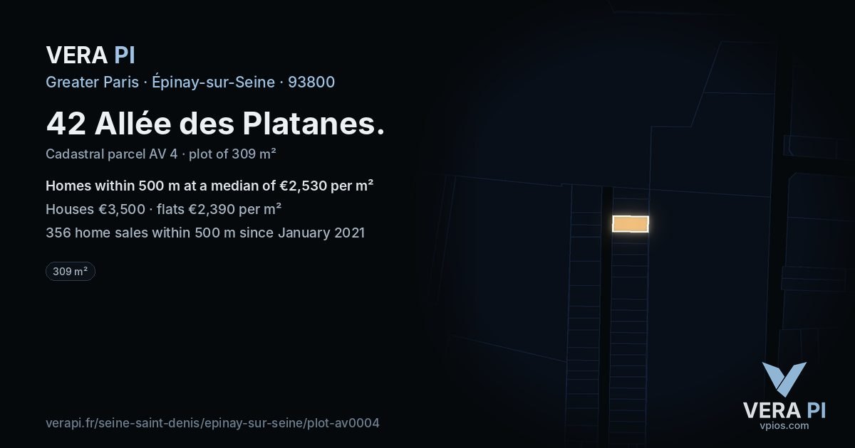 42 Allée des Platanes, Épinay-sur-Seine at night – the plot lit, the parcels around coloured by the prices near them