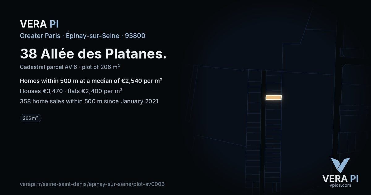 38 Allée des Platanes, Épinay-sur-Seine at night – the plot lit, the parcels around coloured by the prices near them