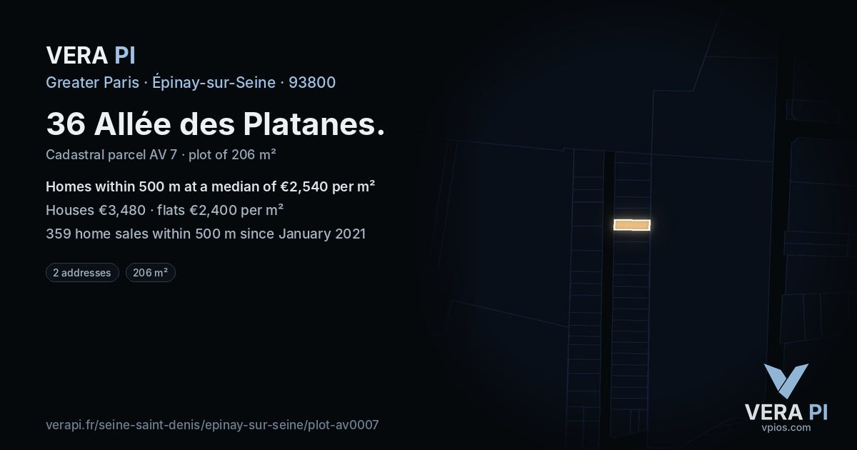36 Allée des Platanes, Épinay-sur-Seine at night – the plot lit, the parcels around coloured by the prices near them