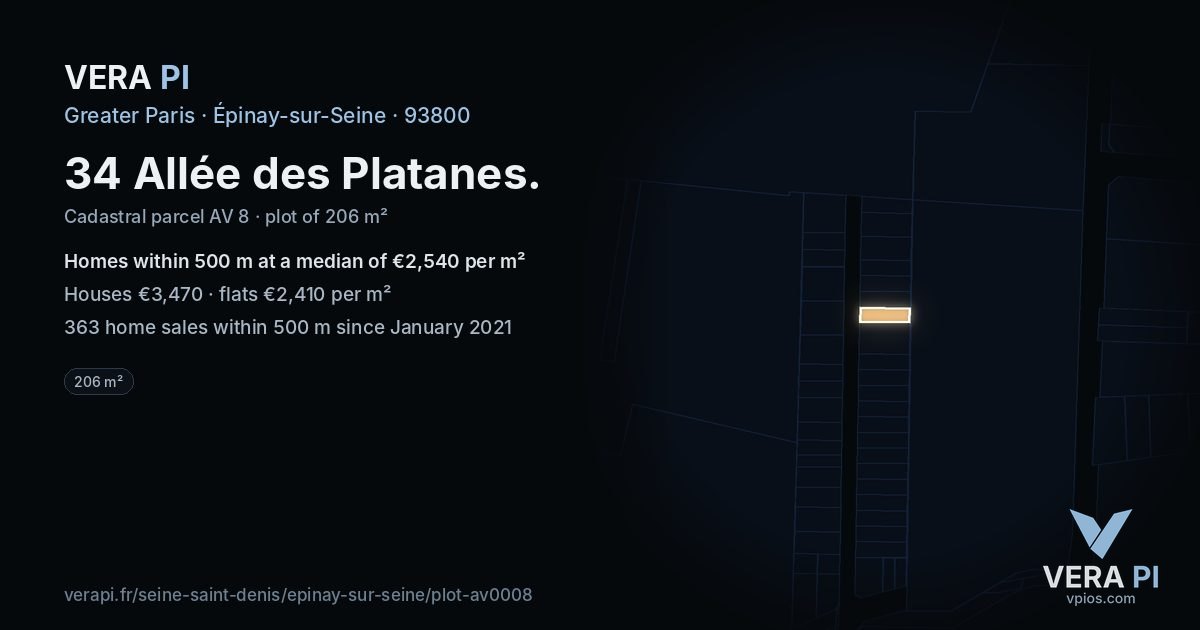 34 Allée des Platanes, Épinay-sur-Seine at night – the plot lit, the parcels around coloured by the prices near them