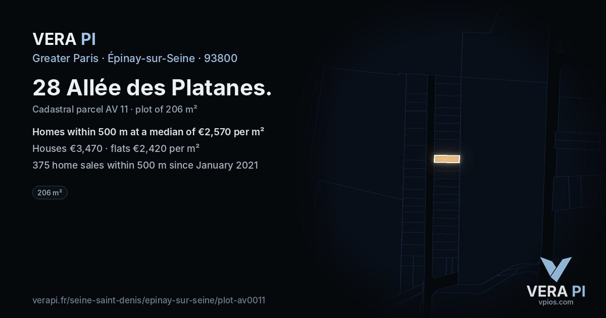 28 Allée des Platanes, Épinay-sur-Seine at night – the plot lit, the parcels around coloured by the prices near them