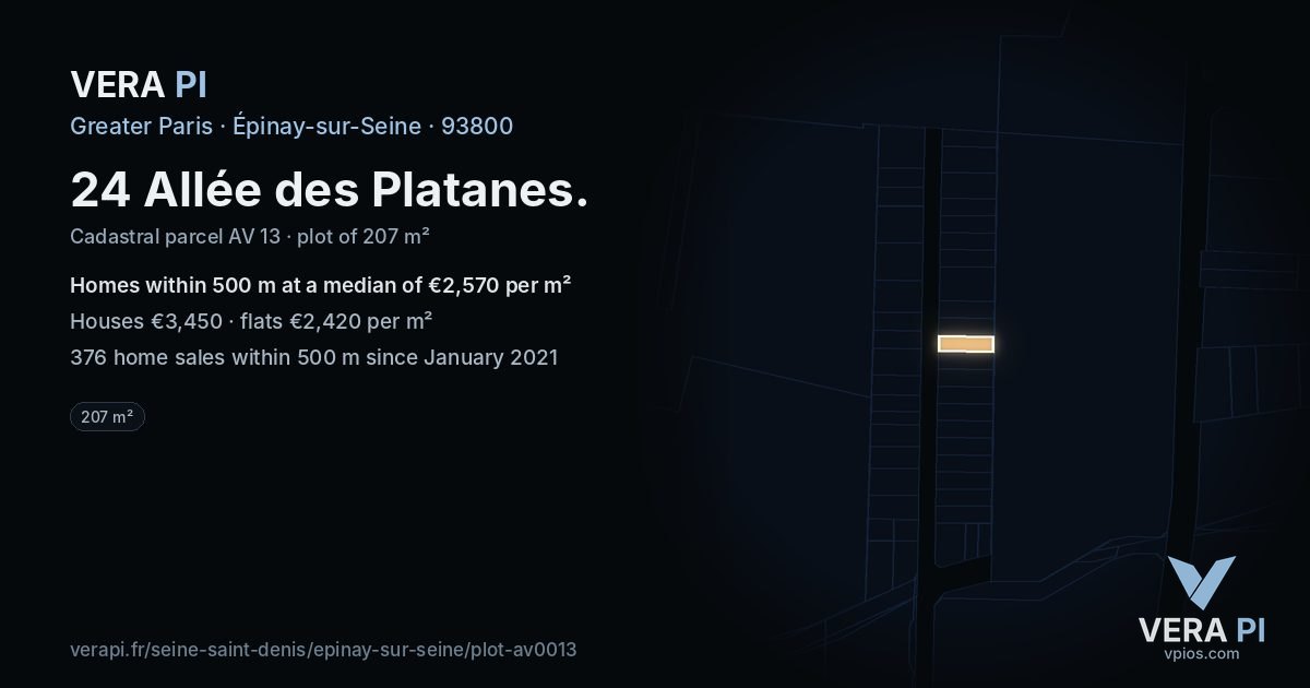 24 Allée des Platanes, Épinay-sur-Seine at night – the plot lit, the parcels around coloured by the prices near them