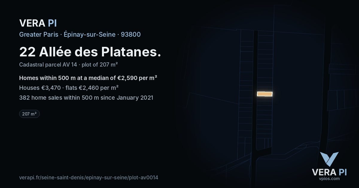 22 Allée des Platanes, Épinay-sur-Seine at night – the plot lit, the parcels around coloured by the prices near them