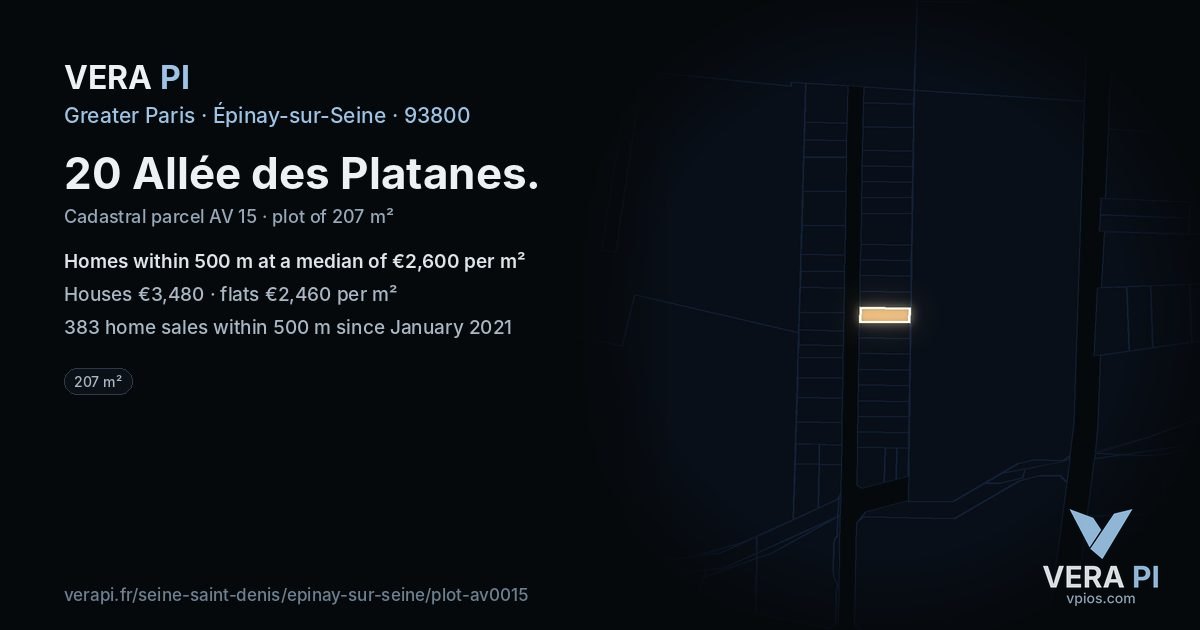 20 Allée des Platanes, Épinay-sur-Seine at night – the plot lit, the parcels around coloured by the prices near them