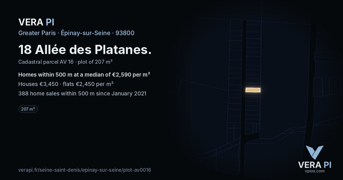 18 Allée des Platanes, Épinay-sur-Seine at night – the plot lit, the parcels around coloured by the prices near them