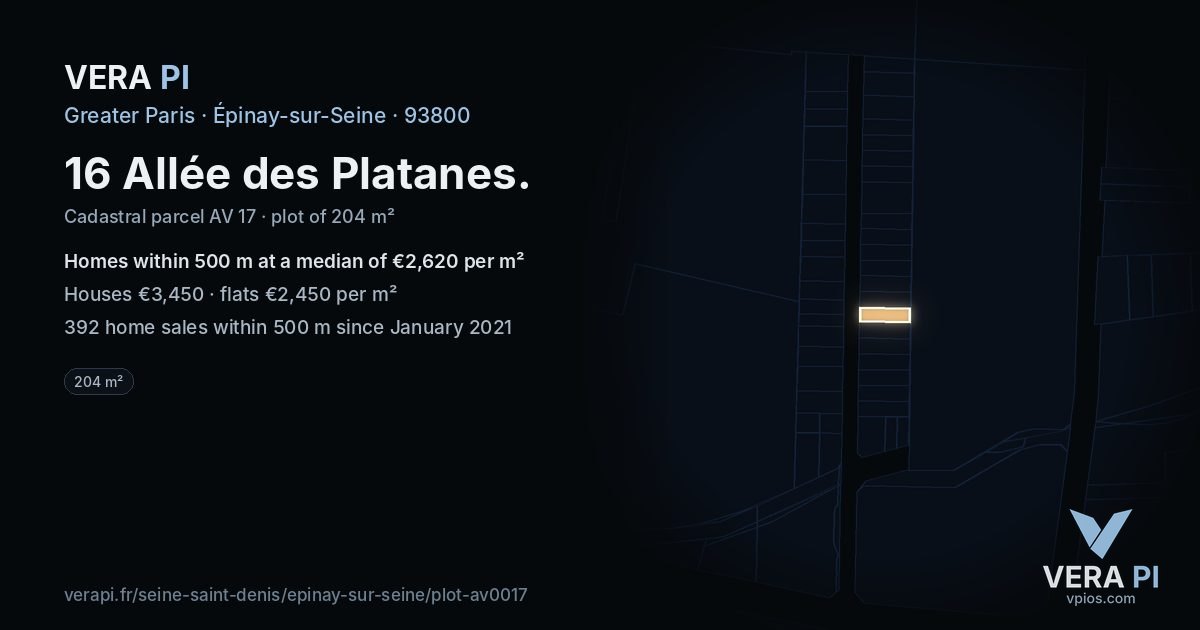 16 Allée des Platanes, Épinay-sur-Seine at night – the plot lit, the parcels around coloured by the prices near them