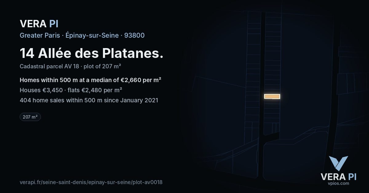 14 Allée des Platanes, Épinay-sur-Seine at night – the plot lit, the parcels around coloured by the prices near them