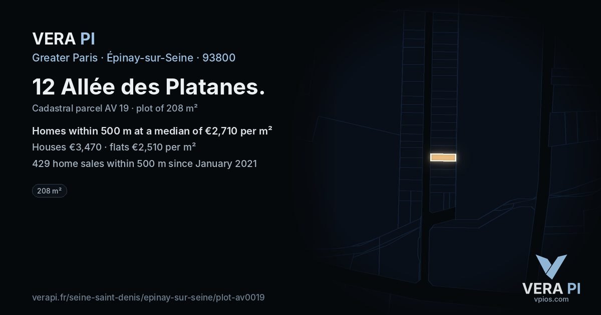 12 Allée des Platanes, Épinay-sur-Seine at night – the plot lit, the parcels around coloured by the prices near them