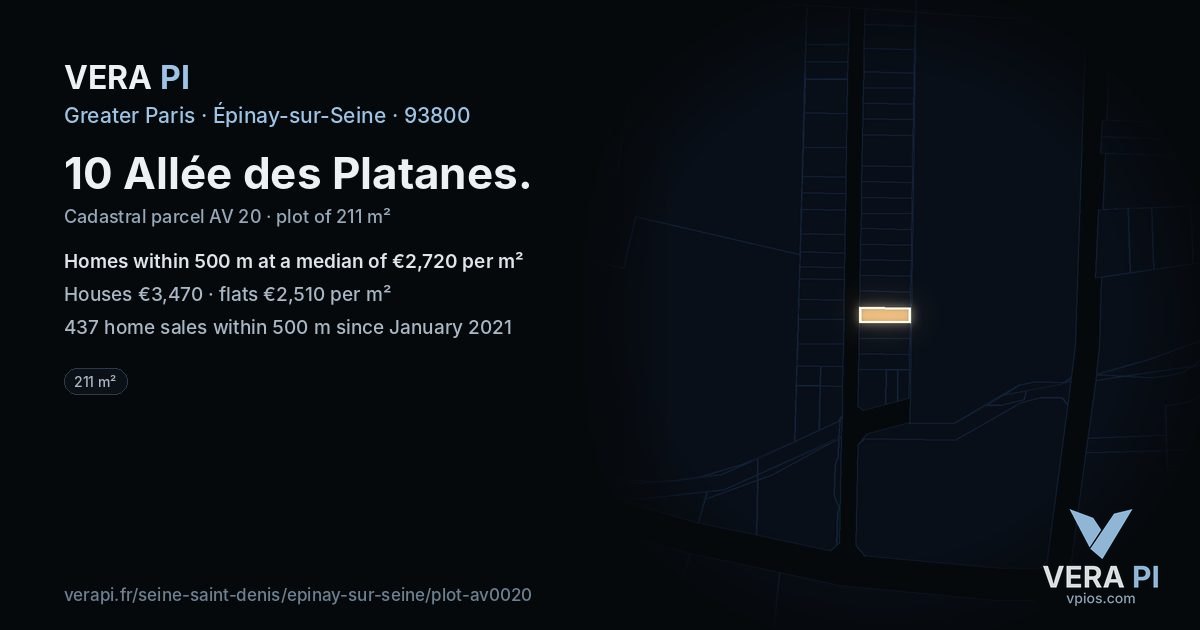 10 Allée des Platanes, Épinay-sur-Seine at night – the plot lit, the parcels around coloured by the prices near them
