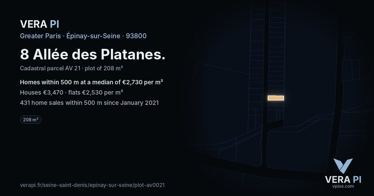 8 Allée des Platanes, Épinay-sur-Seine at night – the plot lit, the parcels around coloured by the prices near them