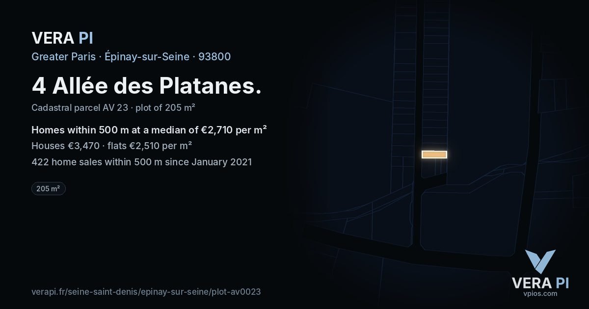 4 Allée des Platanes, Épinay-sur-Seine at night – the plot lit, the parcels around coloured by the prices near them