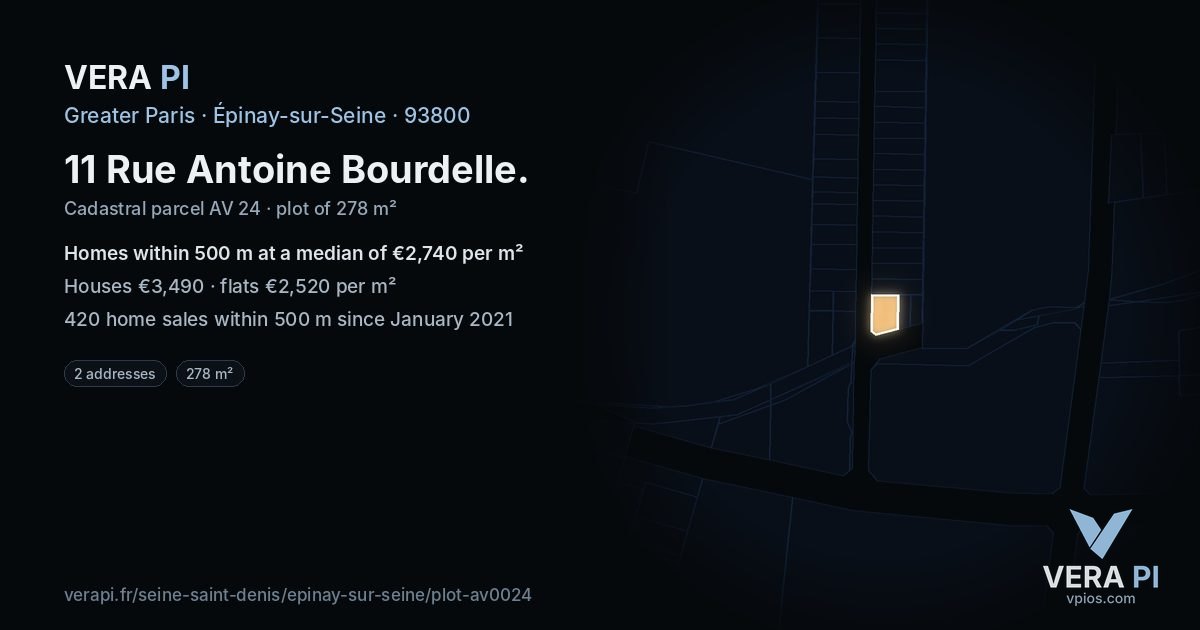 11 Rue Antoine Bourdelle, Épinay-sur-Seine at night – the plot lit, the parcels around coloured by the prices near them