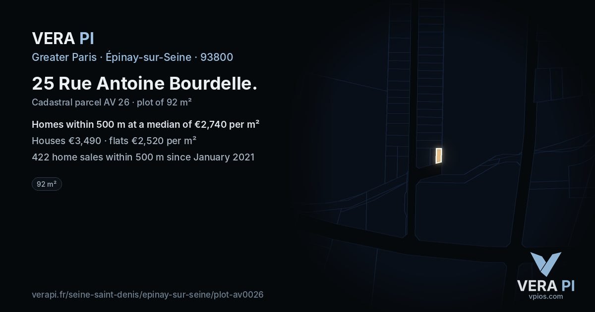 25 Rue Antoine Bourdelle, Épinay-sur-Seine at night – the plot lit, the parcels around coloured by the prices near them