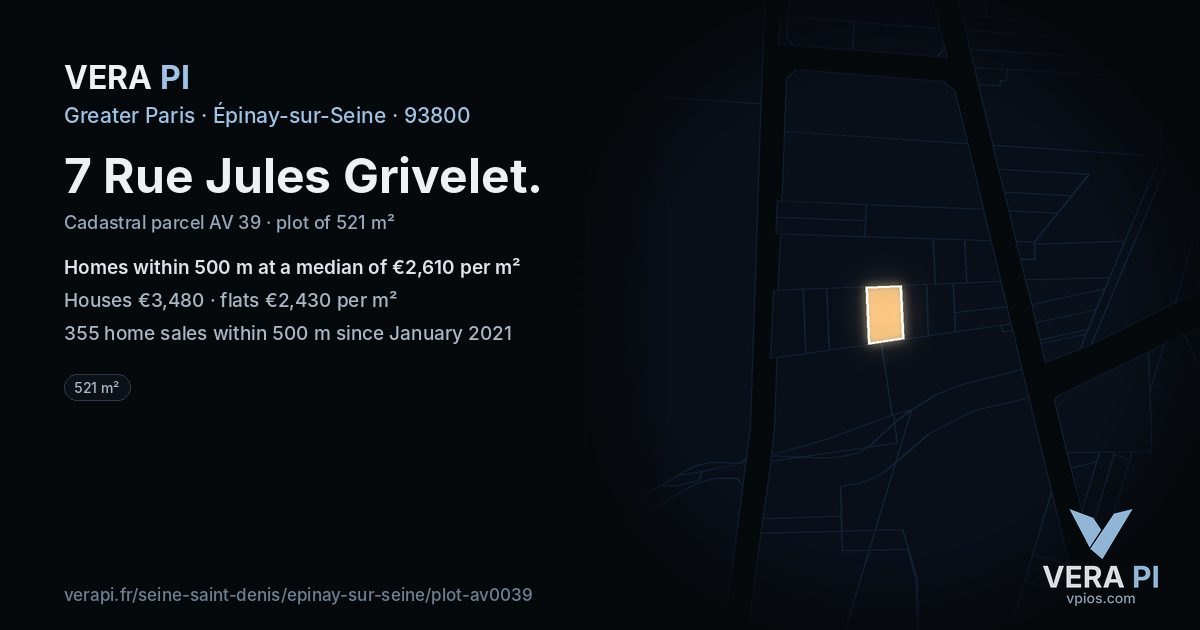 7 Rue Jules Grivelet, Épinay-sur-Seine at night – the plot lit, the parcels around coloured by the prices near them