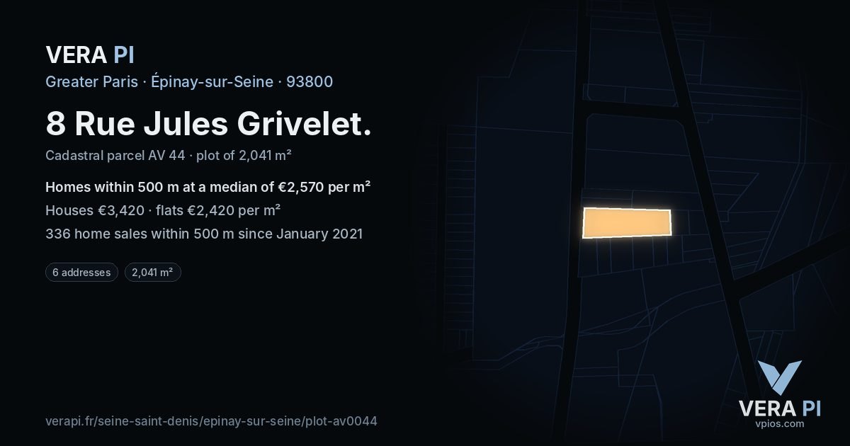 8 Rue Jules Grivelet, Épinay-sur-Seine at night – the plot lit, the parcels around coloured by the prices near them