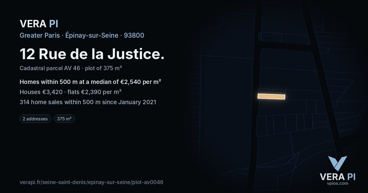 12 Rue de la Justice, Épinay-sur-Seine at night – the plot lit, the parcels around coloured by the prices near them