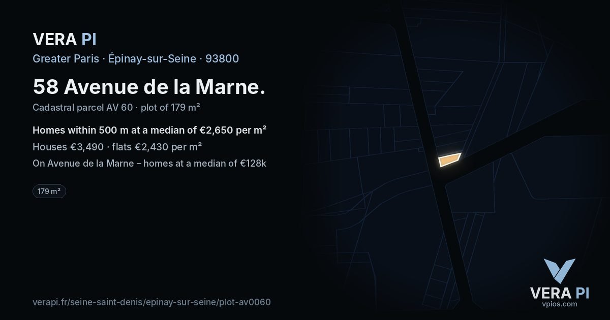 58 Avenue de la Marne, Épinay-sur-Seine at night – the plot lit, the parcels around coloured by the prices near them