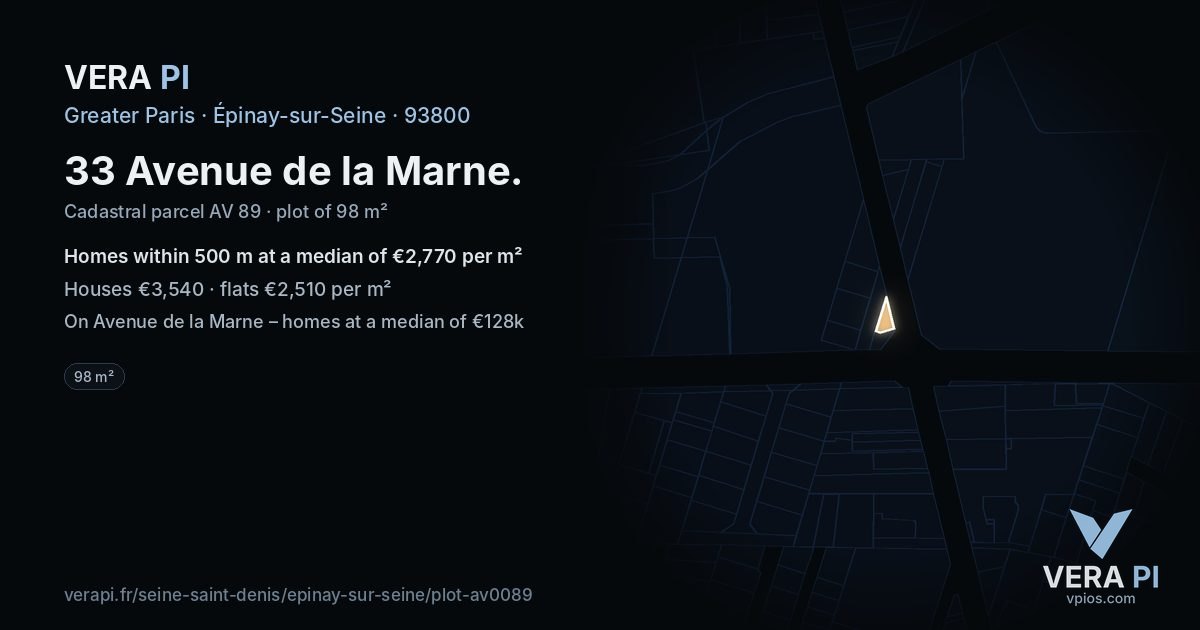 33 Avenue de la Marne, Épinay-sur-Seine at night – the plot lit, the parcels around coloured by the prices near them