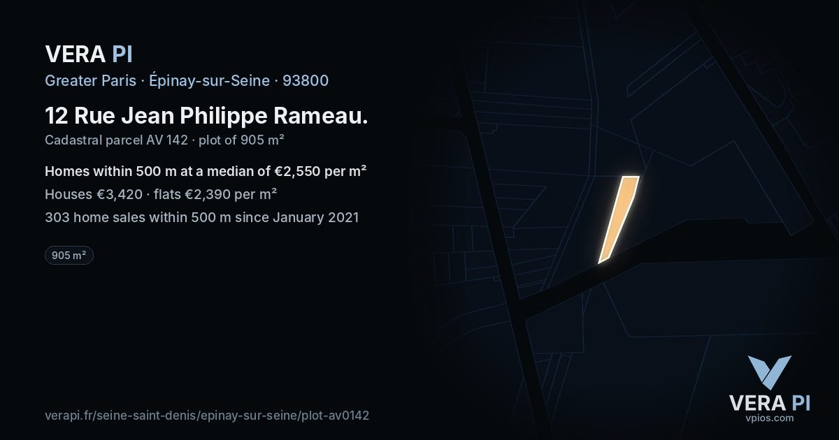 12 Rue Jean Philippe Rameau, Épinay-sur-Seine at night – the plot lit, the parcels around coloured by the prices near them