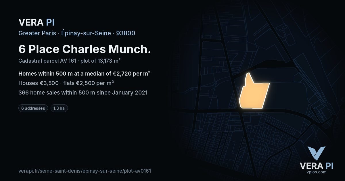6 Place Charles Munch, Épinay-sur-Seine at night – the plot lit, the parcels around coloured by the prices near them