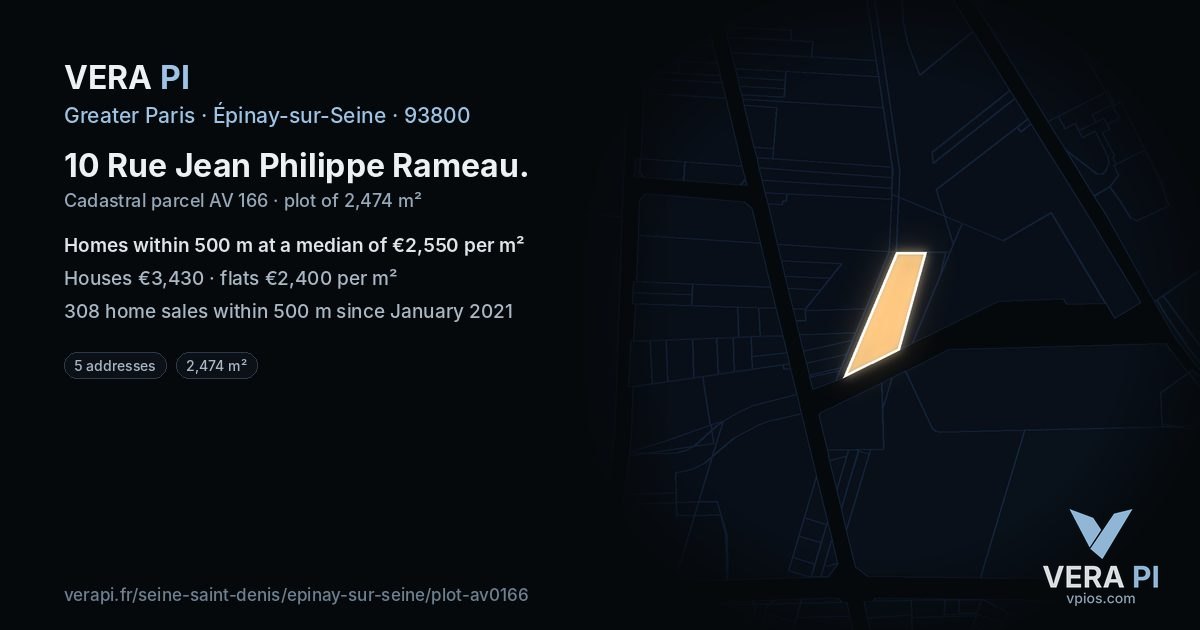 10 Rue Jean Philippe Rameau, Épinay-sur-Seine at night – the plot lit, the parcels around coloured by the prices near them