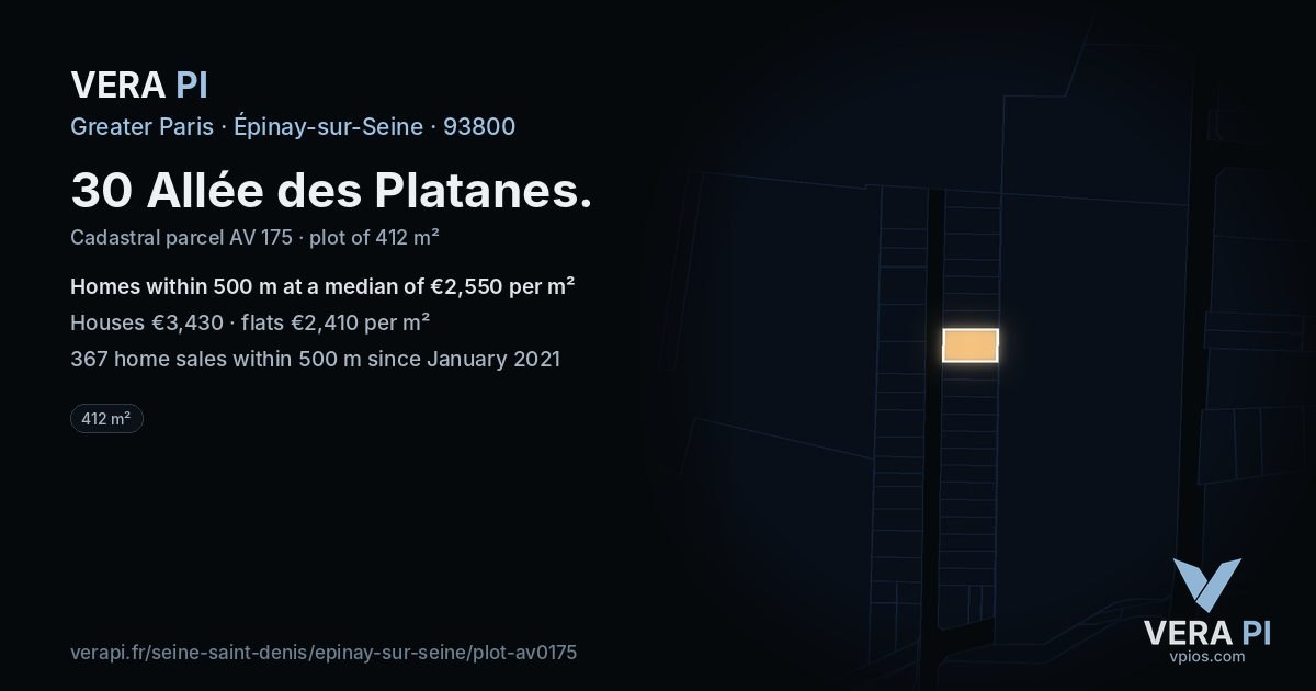 30 Allée des Platanes, Épinay-sur-Seine at night – the plot lit, the parcels around coloured by the prices near them