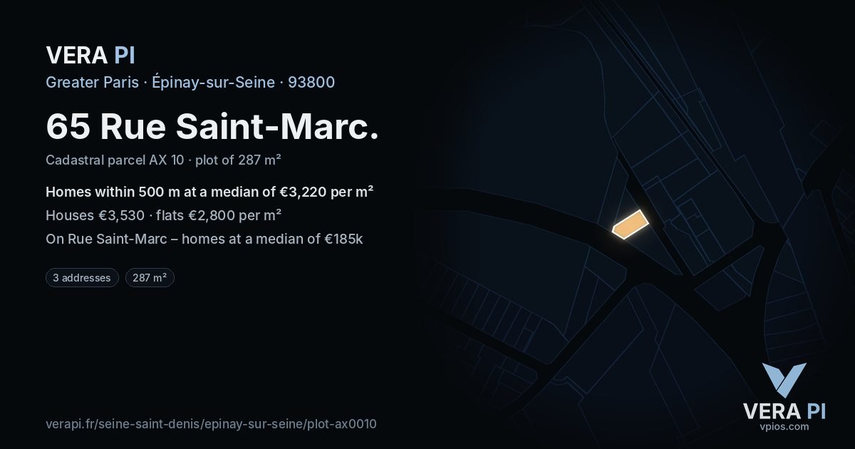 65 Rue Saint-Marc, Épinay-sur-Seine at night – the plot lit, the parcels around coloured by the prices near them